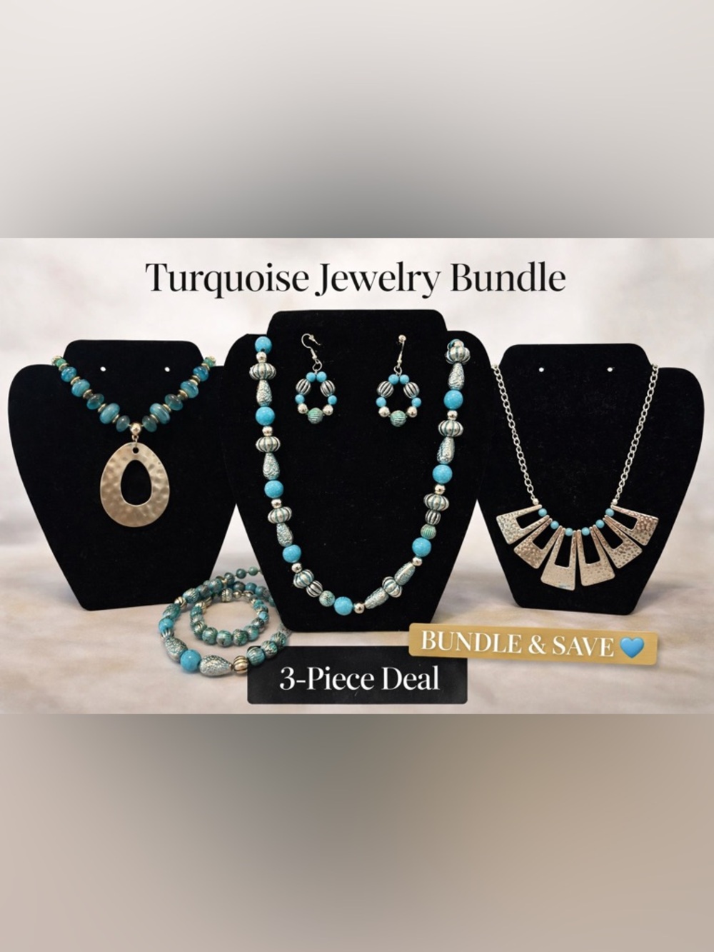 Turquoise Bead Jewelry Bundle - 3-Piece Women’s Necklace & Earring Set